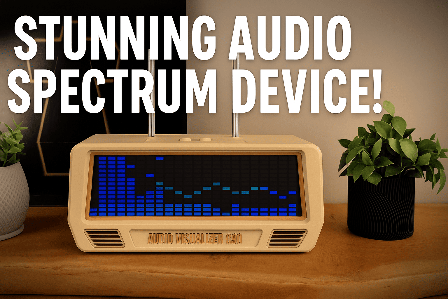 The Audio Spectrum Visualizer C90 – Black Brown rests on a wooden surface between two potted plants, with its blue LED VU meter display; bold text announces, “Stunning Audio Spectrum Analyzer!”.
