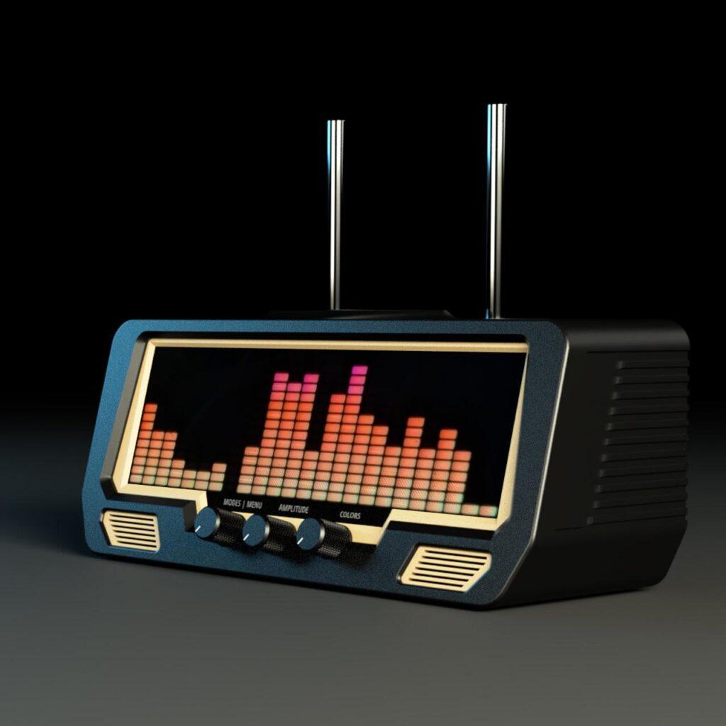 The Audio Visualizer Pro is a retro-style radio with a digital VU meter, LED sound bars, speaker grille, and analog-inspired controls.
