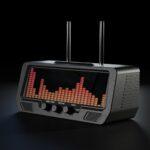 The Audio Visualizer Pro is a modern black radio with a digital EQ display, three tactile audio dials, and two antenna rods on a dark backdrop.