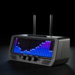 A modern digital radio with dual antennas, LED equalizer display, and tactile audio controls sits on a dark surface.