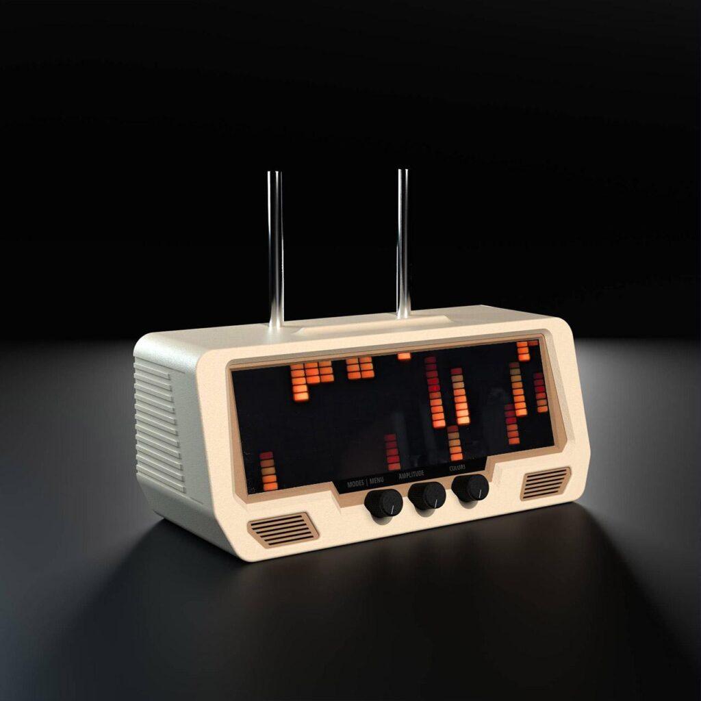 The Audio Visualizer Pro is a retro-style radio with three rotary dials, an illuminated LED equalizer, and speaker grille on a dark surface.