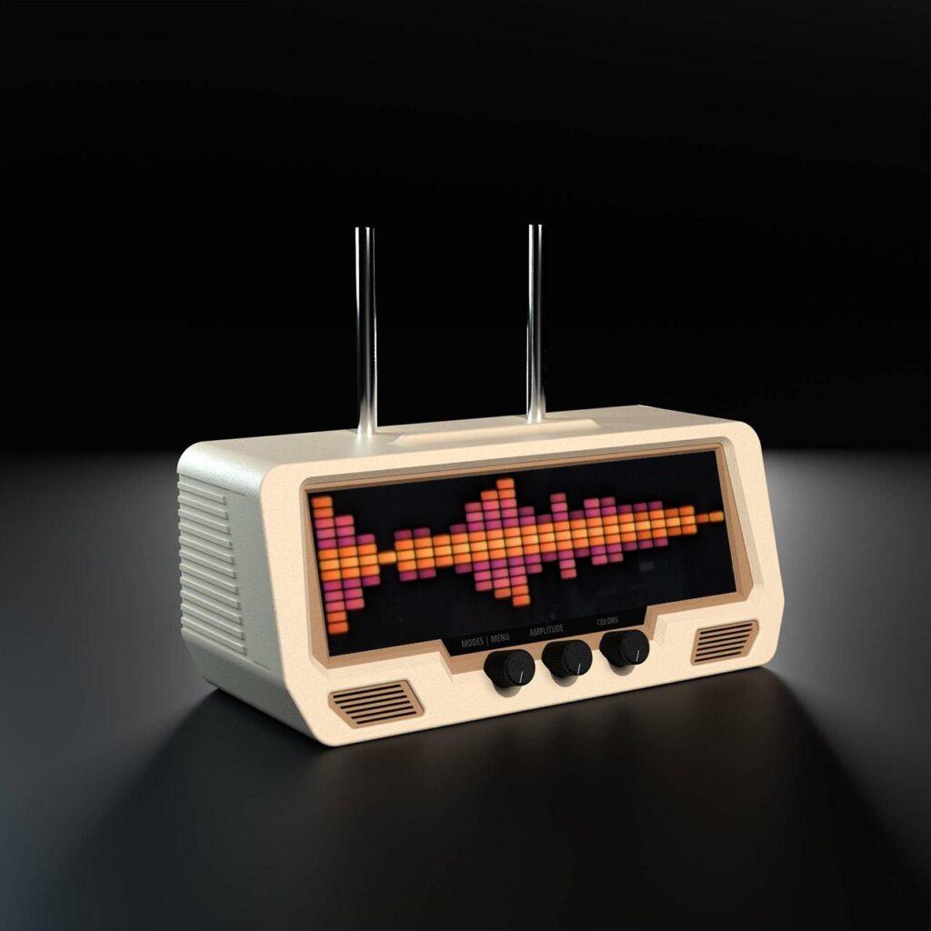 Audio Visualizer Pro is a retro-style radio with three rotary knobs, sleek speaker grilles, and an LED display showing vivid audio waveforms.