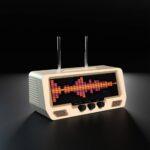 Audio Visualizer Pro is a retro-style radio with three rotary knobs, sleek speaker grilles, and an LED display showing vivid audio waveforms.