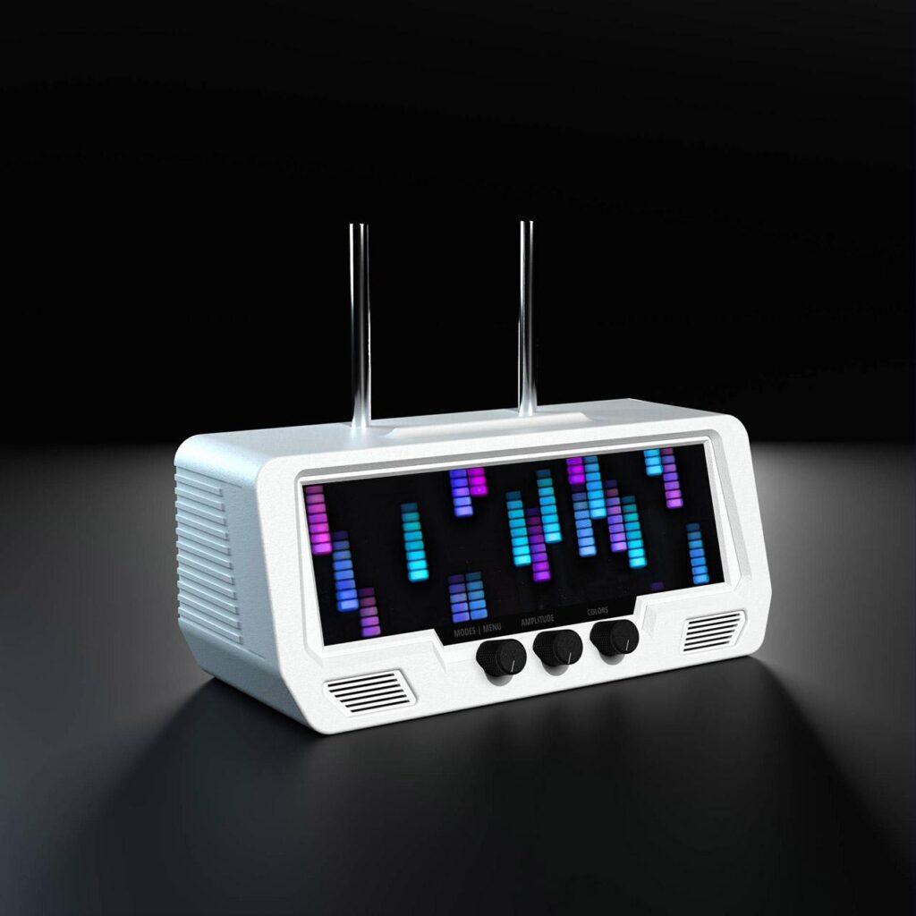 The Audio Visualizer Pro is a retro-style radio with three tactile dials and an LED display showing sound waveforms, set on a dark backdrop.