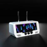 The Audio Visualizer Pro is a retro-style radio with three tactile dials and an LED display showing sound waveforms, set on a dark backdrop.