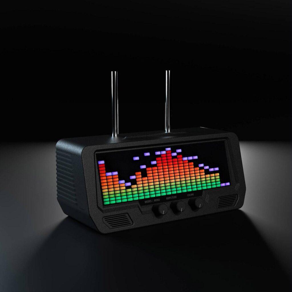The Audio Visualizer Pro is a black retro-style radio with dual antennas, three control dials, VU meters, and a vibrant LED equalizer display on a dark background.