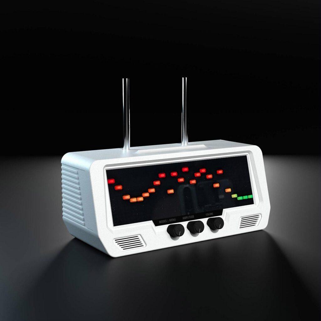 The Audio Visualizer Pro is a white retro-style radio featuring three rotary dials, twin telescopic antennas, and a vibrant LED audio spectrum analyzer on the front, set against a dark background.