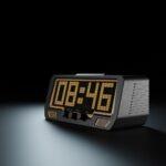 A digital alarm clock displays 08:46, flanked by audio tech gear, with LED display illuminated against a dark, studio-lit background.