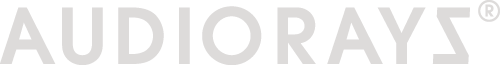 The word AUDIORAYS® appears in large, light gray capital letters resembling sleek, metallic amplifier and waveform display aesthetics.