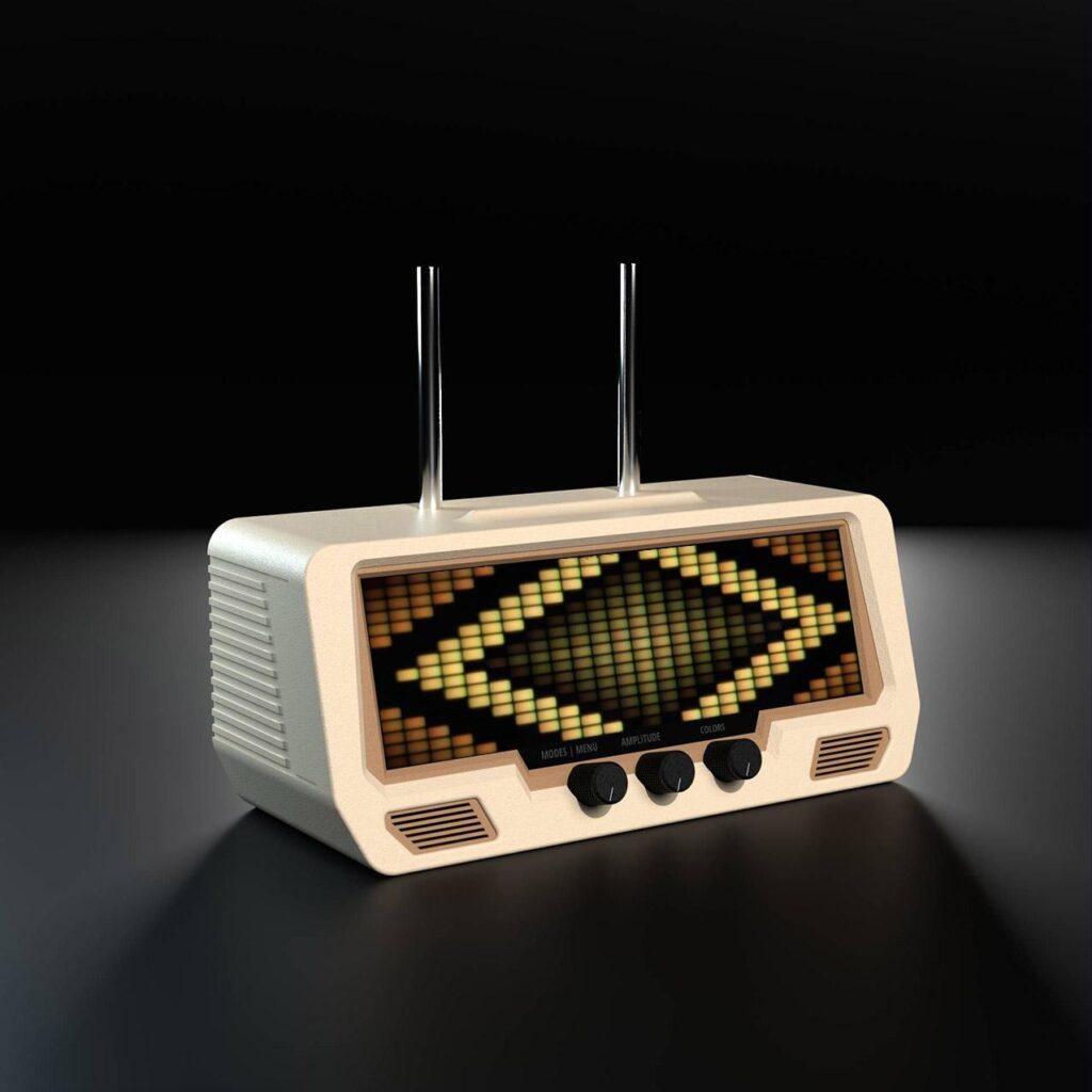 The Audio Visualizer Pro is a retro-style radio with three rotary dials, LED VU meter, and a diamond-pattern digital EQ display.