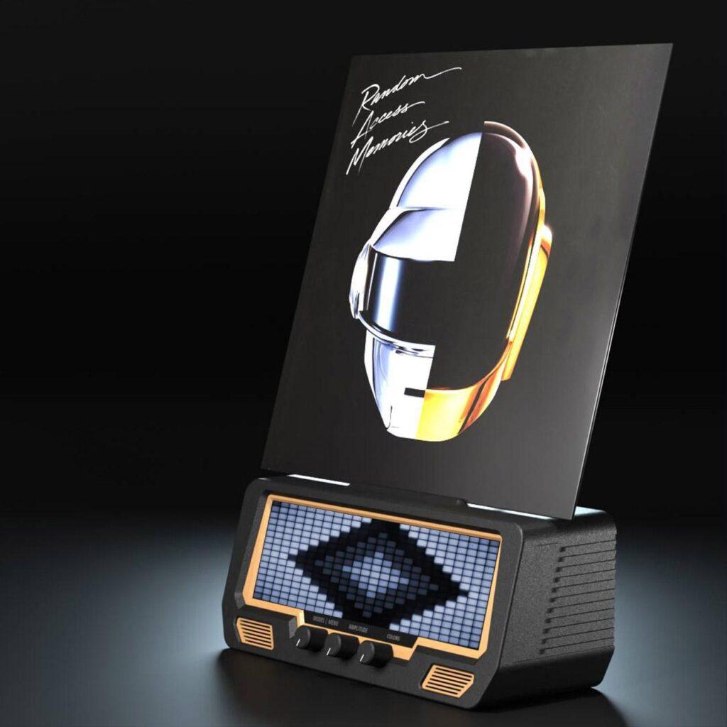 Daft Punk’s Random Access Memories vinyl is upright on the Audio Visualizer Pro turntable, featuring a retro chassis, tonearm, stylus, and digital eye VU meter.