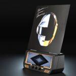 Daft Punk’s Random Access Memories vinyl is upright on the Audio Visualizer Pro turntable, featuring a retro chassis, tonearm, stylus, and digital eye VU meter.