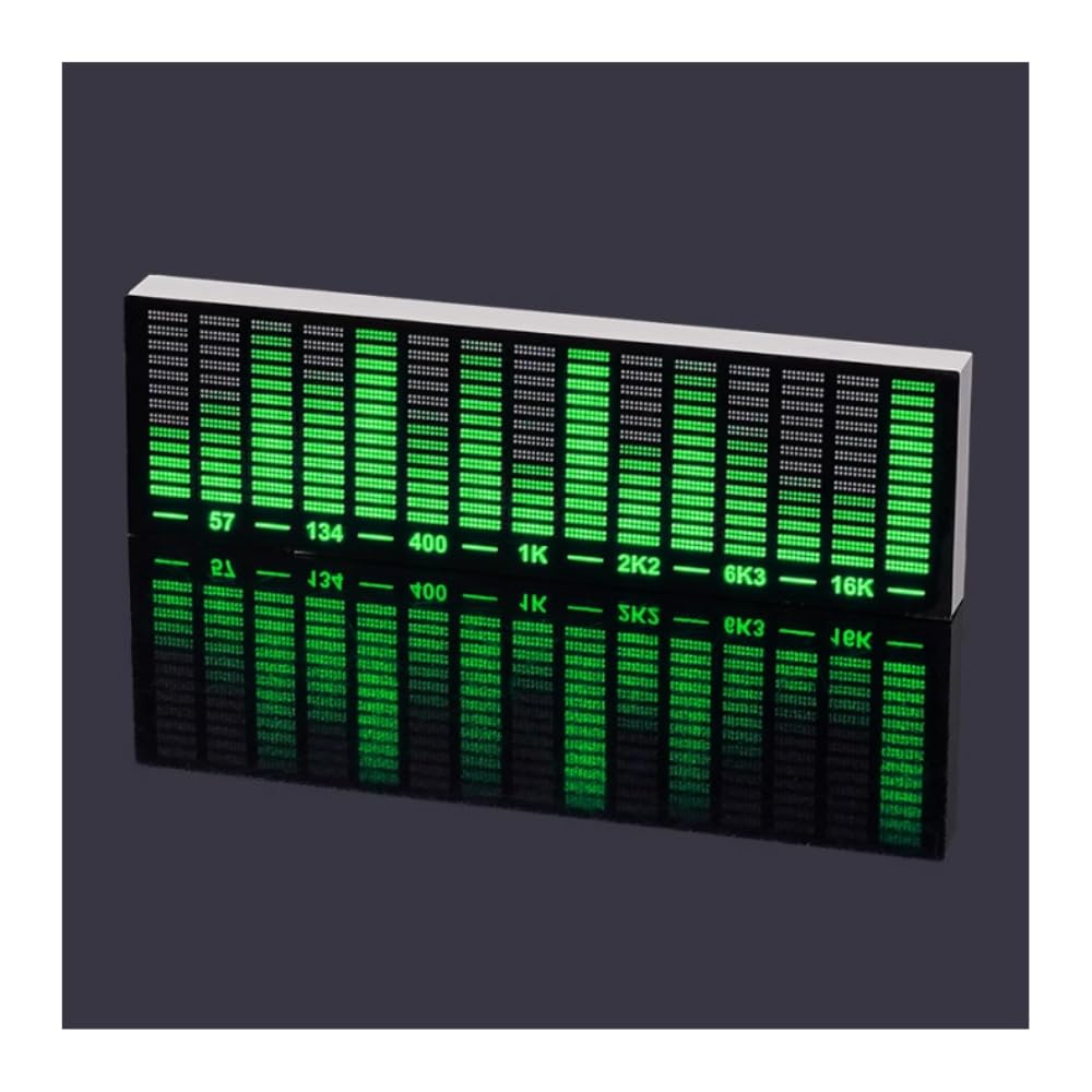 A digital audio equalizer panel shows green LED VU meters for various frequency bands, 57 Hz–16K Hz, on a dark chassis.