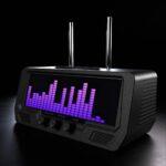 A black stereo radio with dual antennas features a vivid purple LED equalizer display and control knobs, set against a dark backdrop.