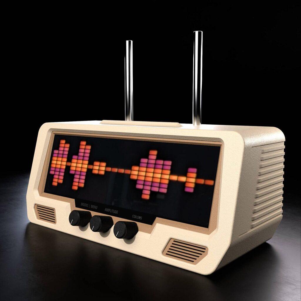 A beige retro-style radio with three rotary dials, a vibrant LED equalizer display with microphone built-in