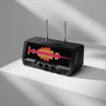 A black retro-style radio with analog dials sits on a white surface, its digital equalizer displaying a vibrant soundwave graphic.
