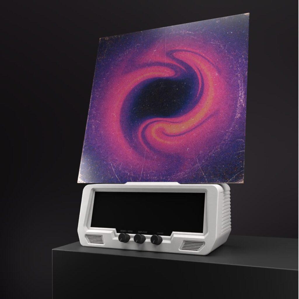 A vintage radio with three dials, speakers, and a tuning panel displays a cosmic-themed screen with swirling pink and purple patterns.