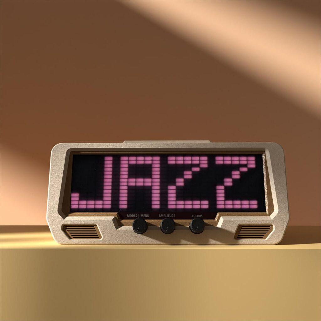 A digital clock-style display shows JAZZ in bold pink pixels, with three audio mixer dials and EQ knobs beneath the LED screen.